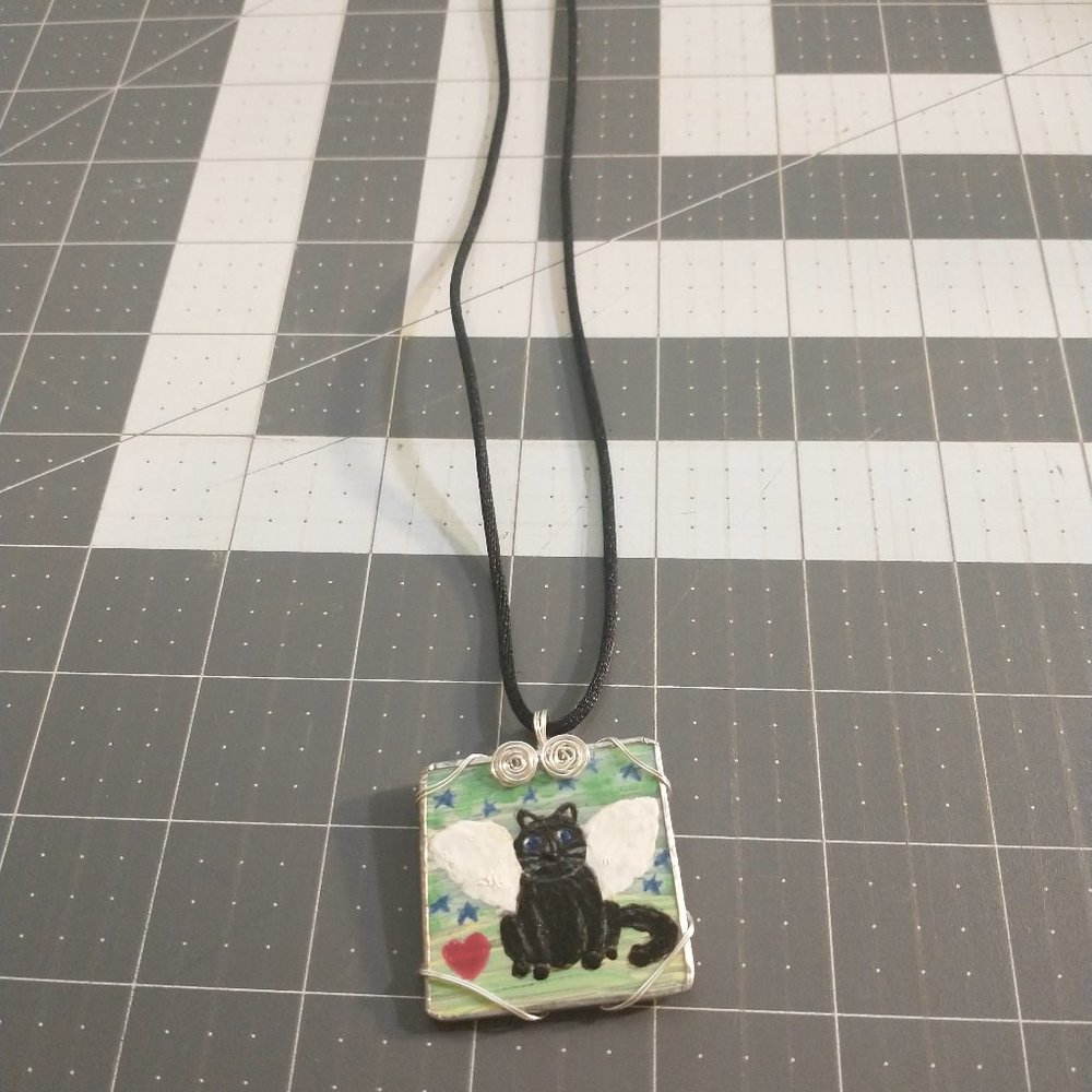 Hand painted glass square necklace 10 inches
